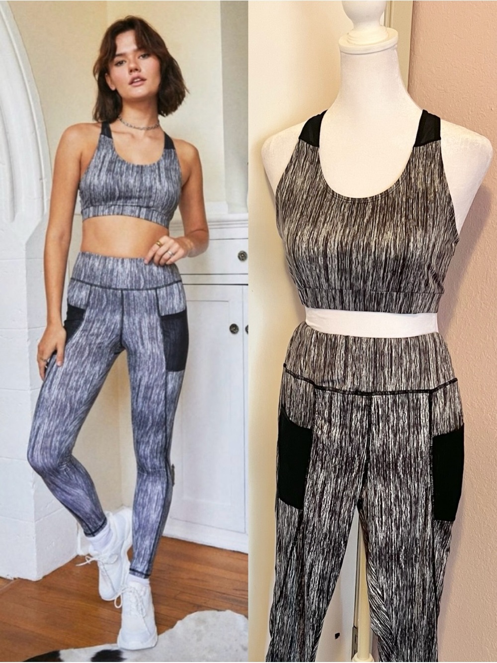 Grey & Black Co-ord Workout Set, Sports Bra & Leggings w side Pockets